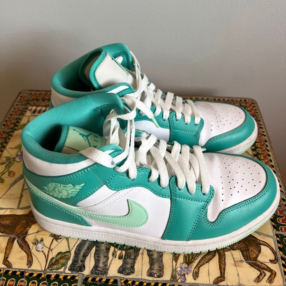 Nike Air Jordan 1 Mid Teal and White Sneakers - Picture 10 of 16